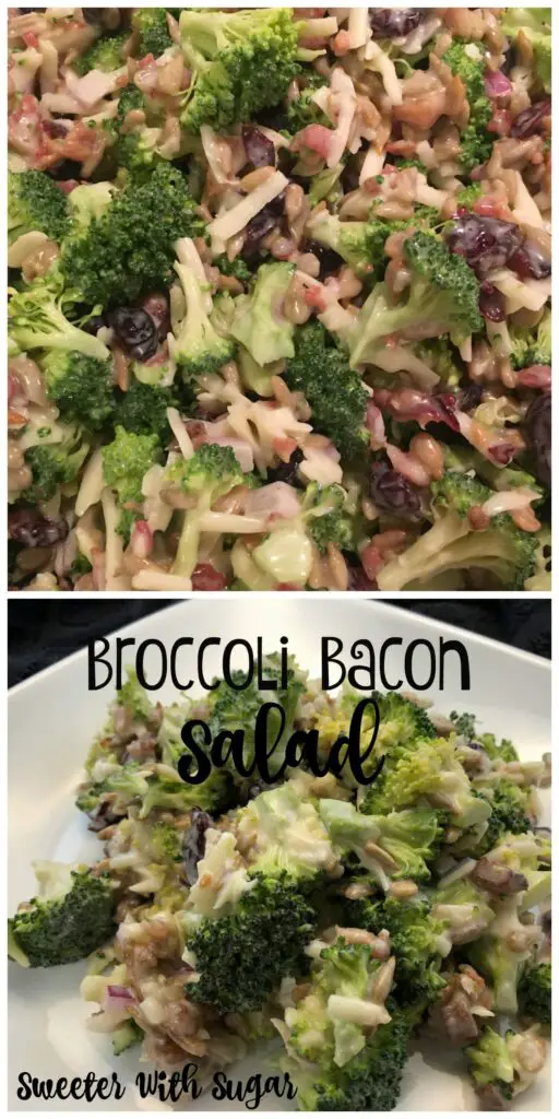 Broccoli Bacon Salad is an easy salad recipe that is perfect as a side or as the main course along side some bread or rolls. #EasyRecipes #EasySalads #Salads #Bacon #Craisins #Broccoli #Cheese 