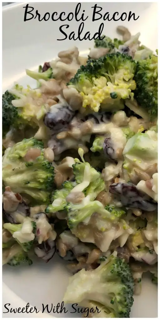 Broccoli Bacon Salad is an easy salad recipe that is perfect as a side or as the main course along side some bread or rolls. #EasyRecipes #EasySalads #Salads #Bacon #Craisins #Broccoli #Cheese 