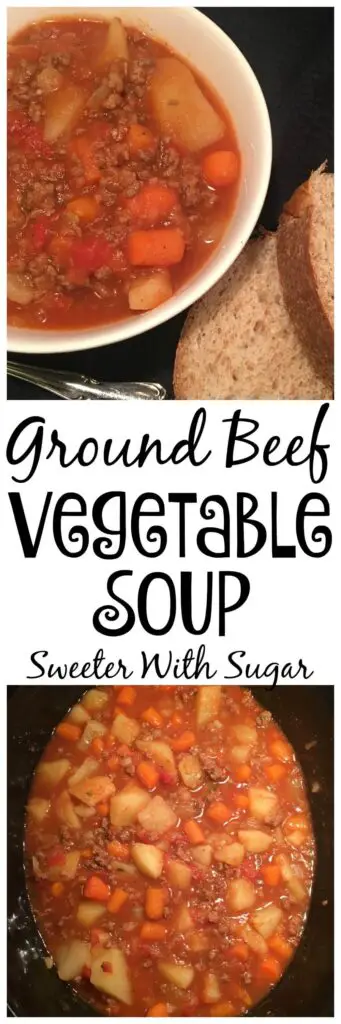 Ground Beef Vegetable Soup is an easy and delicious soup recipe. It is a yummy comfort food recipe for fall and winter. #SoupRecipes #CrockpotRecipes #SlowCookerSoups #GroundBeefRecipes #Soup 