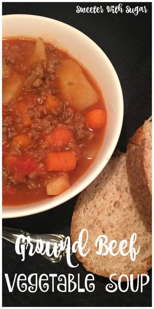 Ground Beef Vegetable Soup is an easy and delicious soup recipe. It is a yummy comfort food recipe for fall and winter. #SoupRecipes #CrockpotRecipes #SlowCookerSoups #GroundBeefRecipes