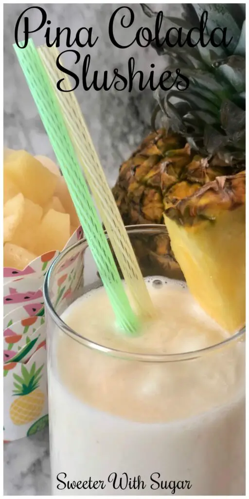Pina Colada Slushies are the perfect tropical beverage. The coconut and pineapple in this frozen drink are refreshing and delicious. Pina Colada Slushies are the perfect summer frozen drink. #FrozenBeverages #PinaColada #Drinks #Tropical #Coconut #Pineapple #Slushies