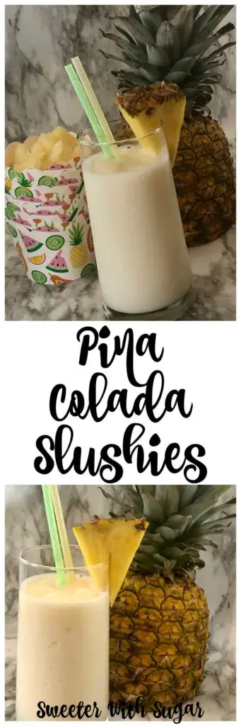 Pina Colada Slushies are the perfect tropical beverage. The coconut and pineapple in this frozen drink are refreshing and delicious. Pina Colada Slushies are the perfect summer frozen drink. #FrozenBeverages #PinaColada #Drinks #Tropical #Coconut #Pineapple #Slushies