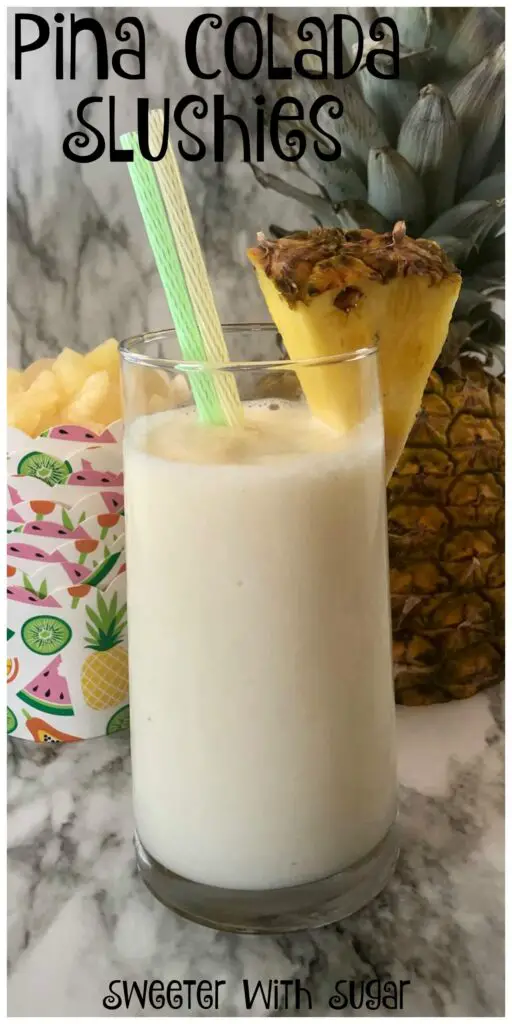 Pina Colada Slushies are the perfect tropical beverage. The coconut and pineapple in this frozen drink are refreshing and delicious. Pina Colada Slushies are the perfect summer frozen drink. #FrozenBeverages #PinaColada #Drinks #Tropical #Coconut #Pineapple #Slushies