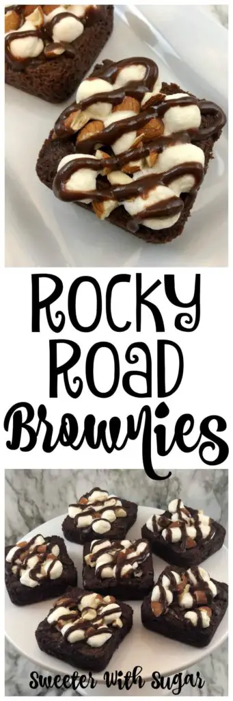 Rocky Road Brownies are perfect with a brownie pan. They are easy to make and topped with marshmallows, almonds and chocolate. #Brownies #RockyRoadRecipes #EasyDesserts #RockyRoadBrownies