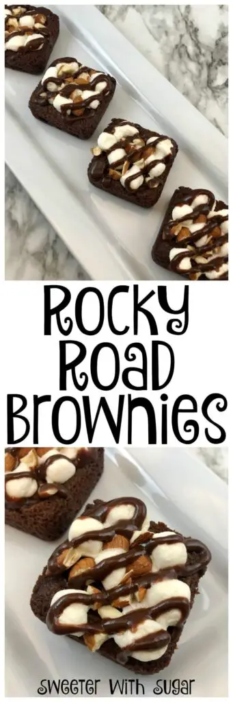 Rocky Road Brownies are perfect with a brownie pan. They are easy to make and topped with marshmallows, almonds and chocolate. #Brownies #RockyRoadRecipes #EasyDesserts #RockyRoadBrownies