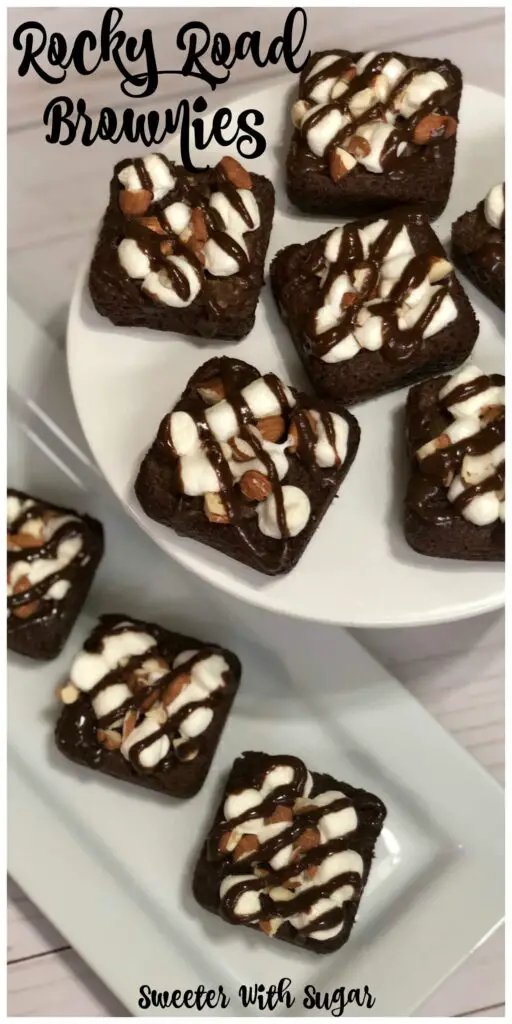 Rocky Road Brownies are perfect with a brownie pan. They are easy to make and topped with marshmallows, almonds and chocolate. #Brownies #RockyRoadRecipes #EasyDesserts #RockyRoadBrownies