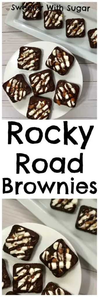 Rocky Road Brownies are perfect with a brownie pan. They are easy to make and topped with marshmallows, almonds and chocolate. #Brownies #RockyRoadRecipes #EasyDesserts #RockyRoadBrownies