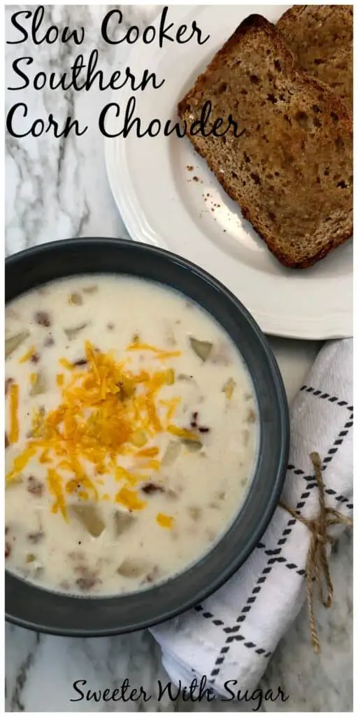 Slow Cooker Souther Corn Chowder is an easy and delicious soup recipe full of tender potatoes and yummy corn. You make it in the Crockpot and let it cook all day. #Soup #Chowder #EasyRecipes #Crockpot #SlowCooker #ComfortFood