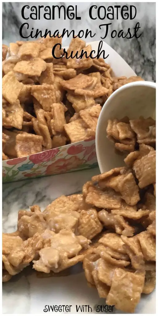 Caramel Coated Cinnamon Toast Crunch is an easy snack mix recipe the whole family will love. The gooey caramel coating and the cinnamon taste so good together.  #Snacks #SnackMix #CinnamonToastCrunchCerealRecipe #Holidays #Party #Ideas #Kids