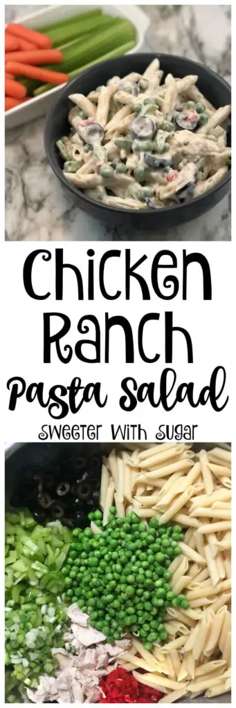 Chicken Ranch Pasta Salad is a favorite! Cold pasta salads are perfect for the whole family. They are perfect for a dinner or a side dish-for weekdays or weekend parties. #EasyPastaRecipes #ChickenSalad #SummerPastaSalads #ColdPastaSalads #RanchDressing #EasySaladRecipes