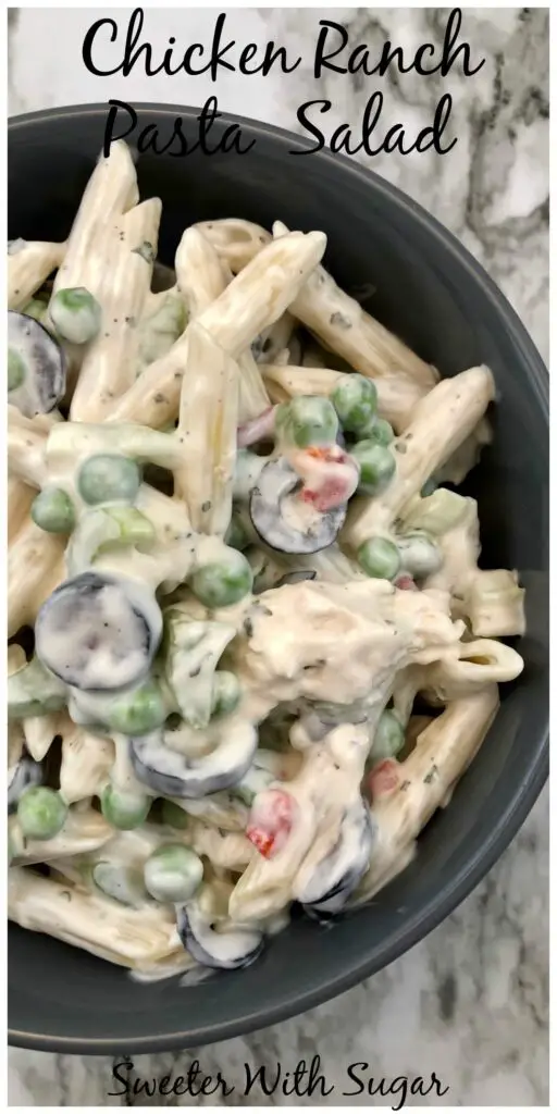 Chicken Ranch Pasta Salad is a favorite! Cold pasta salads are perfect for the whole family. They are perfect for a dinner or a side dish-for weekdays or weekend parties. #EasyPastaRecipes #ChickenSalad #SummerPastaSalads #ColdPastaSalads #RanchDressing #EasySaladRecipes