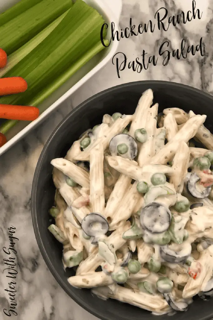 Chicken Ranch Pasta Salad is a favorite! Cold pasta salads are perfect for the whole family. They are perfect for a dinner or a side dish-for weekdays or weekend parties. #EasyPastaRecipes #ChickenSalad #SummerPastaSalads #ColdPastaSalads #RanchDressing #EasySaladRecipes