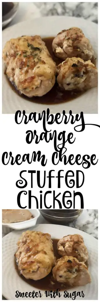 Cranberry Orange Cream Cheese Stuffed Chicken is a yummy stuffed chicken recipe. The orange and cranberry flavors go so well with the cream cheese and chicken. #Holiday #Chicken #StuffedChicken #Cranberry #Orange #DinnerRecipes