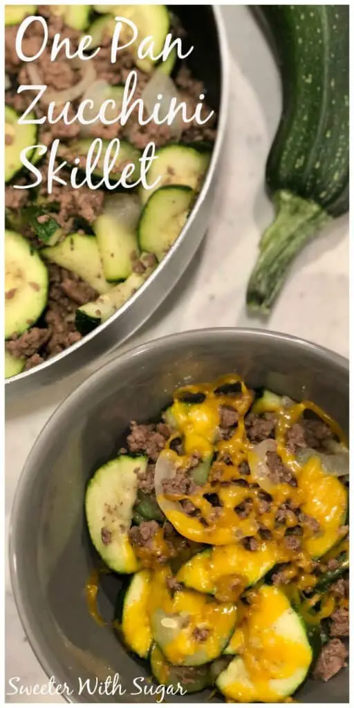 One pan zucchini skillet with ground beef and fresh vegetables cooked until tender.