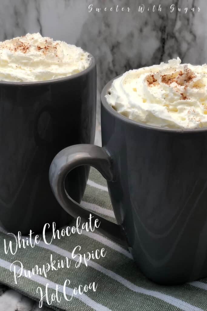 White Chocolate Pumpkin Spice Hot Cocoa is a fun fall beverage recipe. It is easy to make and tastes delicious.  #Fall #Pumpkin #WhiteChocolate #HotCocoa #Beverages