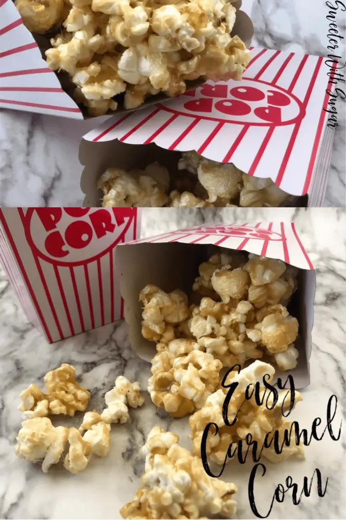 Easy Caramel Corn is a simple and tasty snack recipe. Caramel corn is always a yummy treat and this one is easy and inexpensive. #Desserts #Snacks #CaramelCorn #Popcorn #Butter #Marshmallows