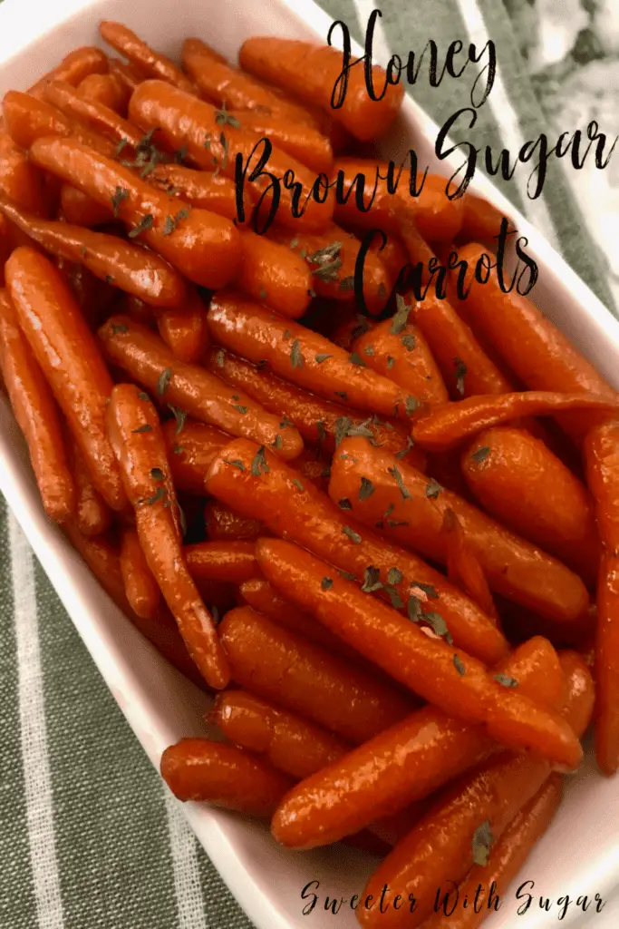 Honey Brown Sugar Carrots are a delicious side dish. They are simple to make and have a sweet holiday flavor. #Holiday #Glazed #SimpleRecipes #EasySides #GlazedCarrots #DeliciousRecipes