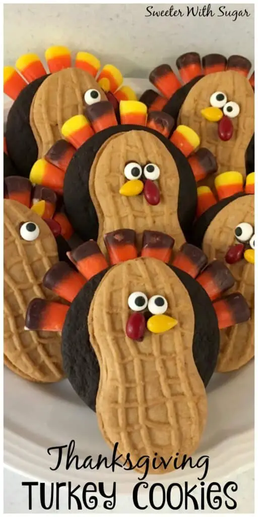 Thanksgiving Turkey Cookies are a fun snack or dessert for Thanksgiving. The kids will love these adorable turkey cookies for the holiday. They are fun to make, too. #Cookies  #HolidayFavors #TurkeyCookies #Thanksgiving #HolidayIdeas #Crafts 