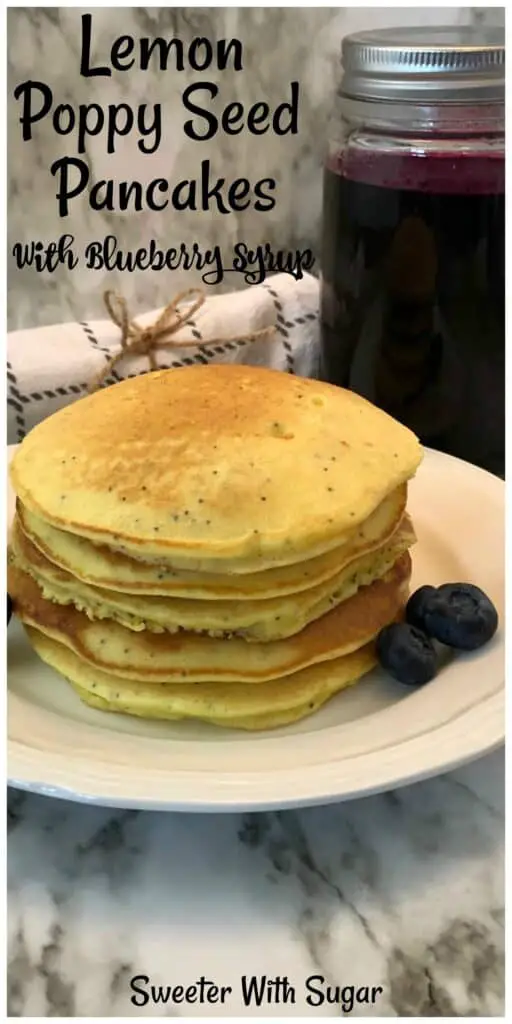 Lemon Poppy Seed Pancakes are an easy breakfast recipe the whole family will love. Try our blueberry syrup with these lemon poppy seed pancakes. #LemonPancakes #EasyPancakeRecipe #PoppySeedPancakes #BreakfastRecipes #BrunchRecipes