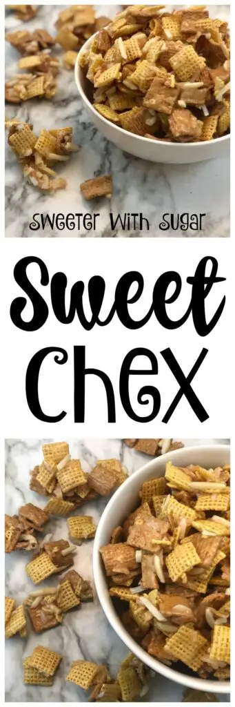 Sweet Chex is the best Chex mix recipe! It is a yummy and addictive snack mix made with Corn Chex, Golden Grahams, coconut, and almonds-topped with a caramel coating. #ChexMix #GoldenGrahms #HolidayRecipes #SnackMixRecipes #FavoriteRecipes