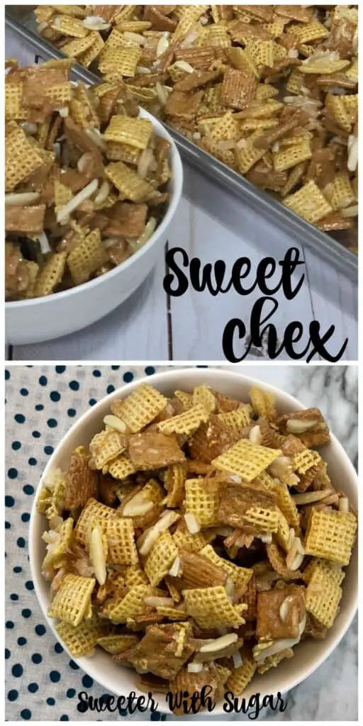 Sweet Chex is the best Chex mix recipe! It is a yummy and addictive snack mix made with Corn Chex, Golden Grahams, coconut, and almonds-topped with a caramel coating. #ChexMix #GoldenGrahms #HolidayRecipes #SnackMixRecipes #FavoriteRecipes