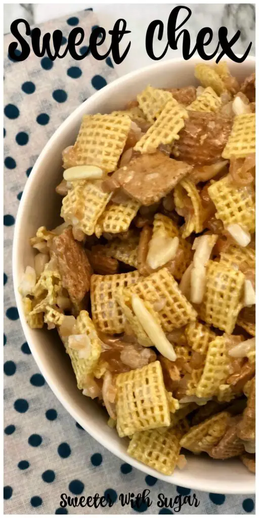 Sweet Chex is the best Chex mix recipe! It is a yummy and addictive snack mix made with Corn Chex, Golden Grahams, coconut, and almonds-topped with a caramel coating. #ChexMix #GoldenGrahms #HolidayRecipes #SnackMixRecipes #FavoriteRecipes