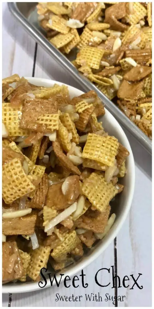 Sweet Chex is the best Chex mix recipe! It is a yummy and addictive snack mix made with Corn Chex, Golden Grahams, coconut, and almonds-topped with a caramel coating. #ChexMix #GoldenGrahms #HolidayRecipes #SnackMixRecipes #FavoriteRecipes