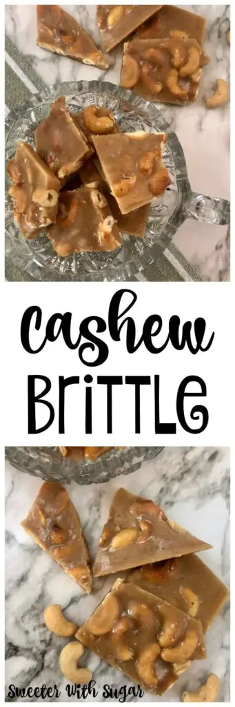 Cashew Brittle is a yummy homemade candy recipe. Cashew Brittle if full of delicious cashews surrounded by a crunchy toffee.  #Christmas #Holiday #Brittle #Toffee #GiftIdeas #Desserts #Candy #HomemadeCandy #Cashew