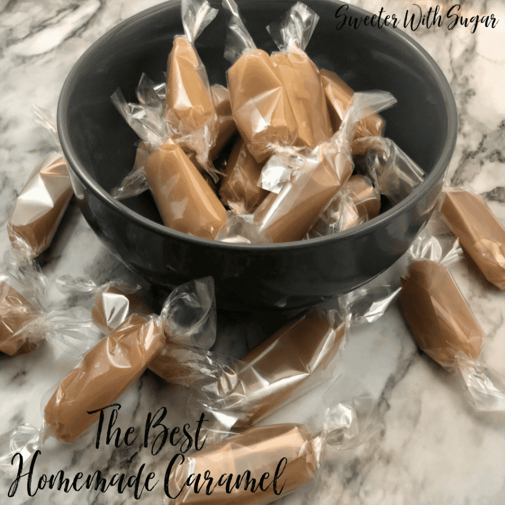 Homemade Caramel is a smooth and chewy caramel recipe for the holidays and more. It is an easy candy recipe that is a fun holiday tradition, fun to give to friends and family and delicious to eat! #Caramels  #HomemadeCandy #HomemadeCandyRecipe #Vanilla #OldFashionedCaramel #FamilyTraditions