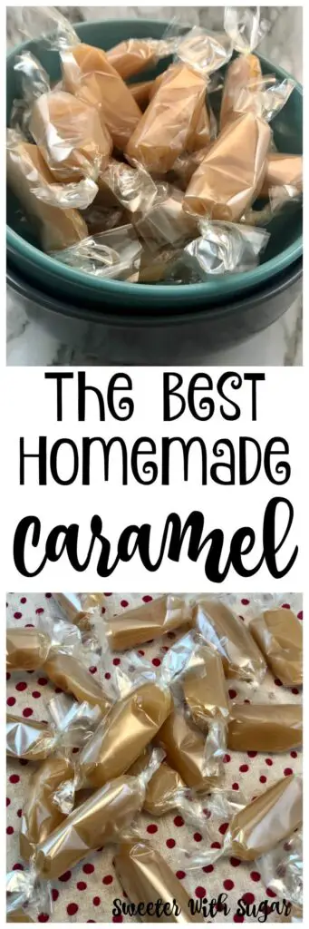 Homemade Caramel is a smooth and chewy caramel recipe for the holidays and more. It is an easy candy recipe that is a fun holiday tradition, fun to give to friends and family and delicious to eat! #Caramels  #HomemadeCandy #HomemadeCandyRecipe #Vanilla #OldFashionedCaramel #FamilyTraditions