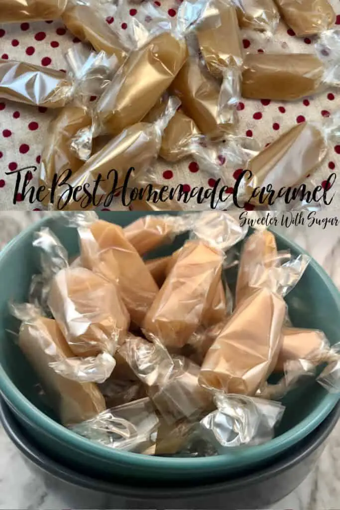 Homemade Caramel is a smooth and chewy caramel recipe for the holidays and more. It is an easy candy recipe that is a fun holiday tradition, fun to give to friends and family and delicious to eat! #Caramels  #HomemadeCandy #HomemadeCandyRecipe #Vanilla #OldFashionedCaramel #FamilyTraditions