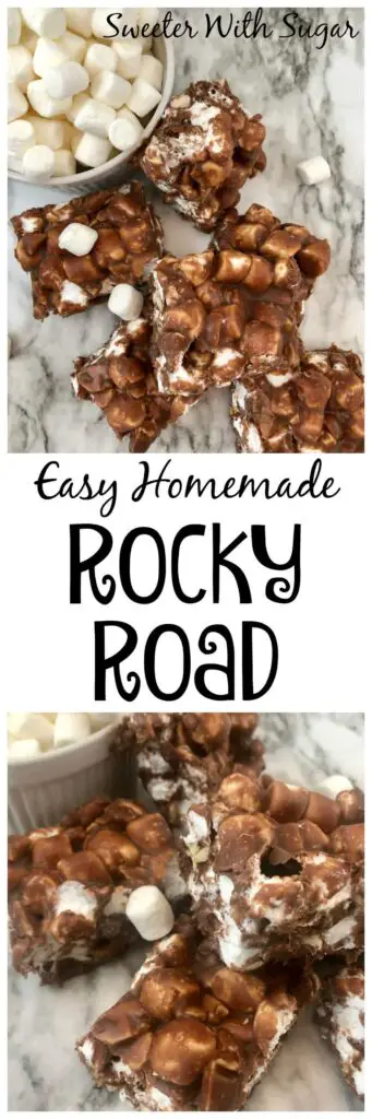 Rocky Road is a simple and quick candy recipe. It is sweet, chocolatey and gooey. Rocky Road is a fun holiday tradition your family will love.  #CandyRecipes #RockyRoad #Chocolate #Marshmallows #Almonds #Christmas #Holiday #Simple