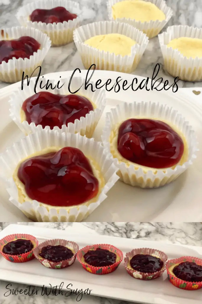 Valentine Mini Cheesecakes are fun to make-use a marble when baking to make the heart shape. This is an easy recipe and perfect for any holiday. #Christmas #ValentinesDay #MothersDay #Cheesecake #Desserts #Cherry #Raspberry