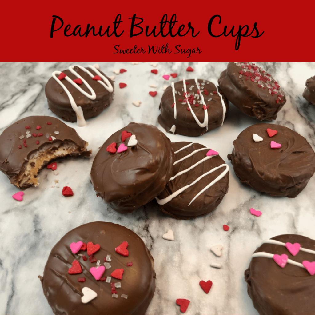 Peanut Butter Cups | Sweeter With Sugar | An easy and delicious treat to make and give or make and eat. Holidays, Valentine's Day, Peanut Butter, Chocolate, Sprinkles, Ritz Crackers, Simple Recipes, Family Ideas, Treats, Gifts, #PeanutButter #Chocolate #RitzCrackers #ValentinesDay #Holidays #FamilyFun #Simple #EasyRecipes #Homemade #PeanutButterCups