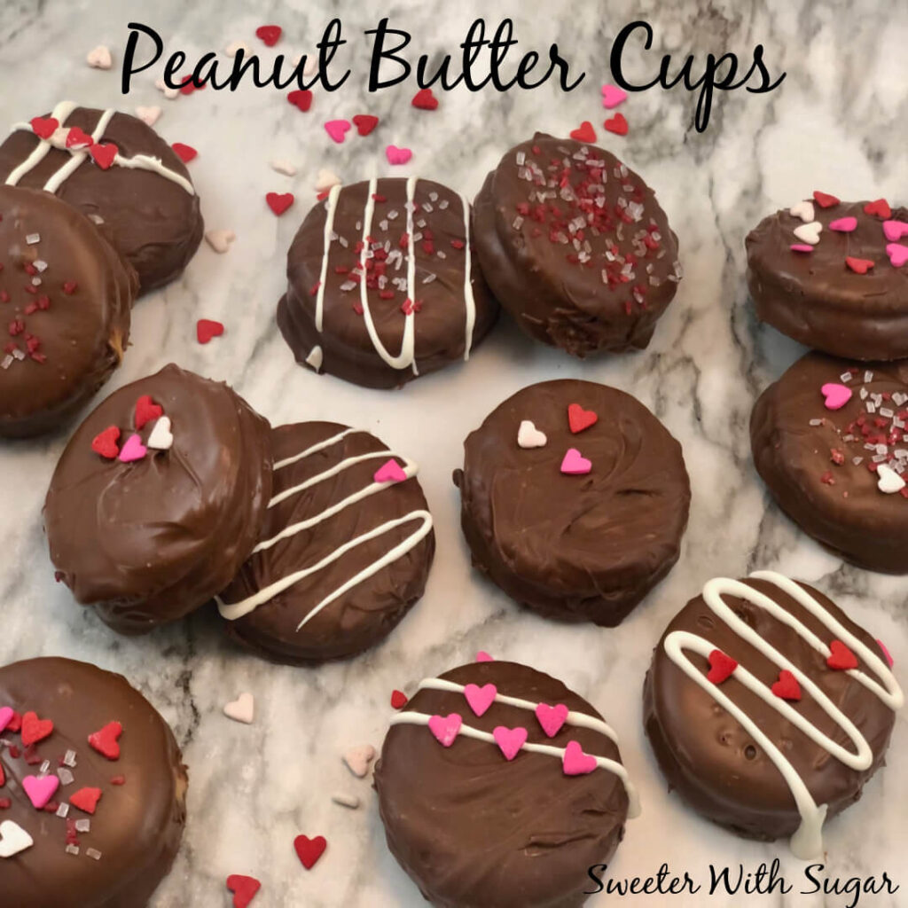 Peanut Butter Cups | Sweeter With Sugar | An easy and delicious treat to make and give or make and eat. Holidays, Valentine's Day, Peanut Butter, Chocolate, Sprinkles, Ritz Crackers, Simple Recipes, Family Ideas, Treats, Gifts, #PeanutButter #Chocolate #RitzCrackers #ValentinesDay #Holidays #FamilyFun #Simple #EasyRecipes #Homemade #PeanutButterCups