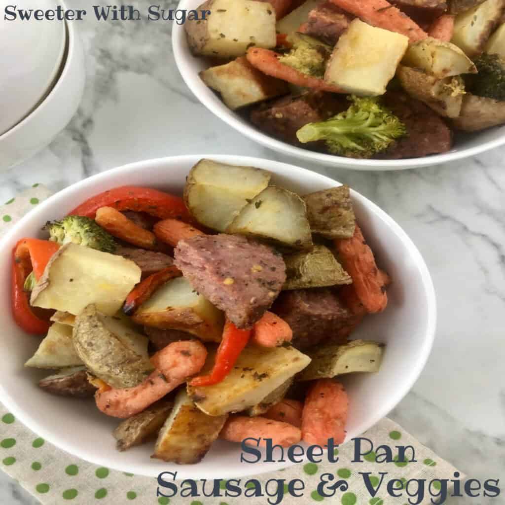 Sheet Pan Sausage and Veggies is an easy and flavorful weeknight dinner recipe. Using sheet pans for this recipe makes for an easy clean-up, too. #Sausage #Veggies #EasyWeeknightDInners #SheetPan