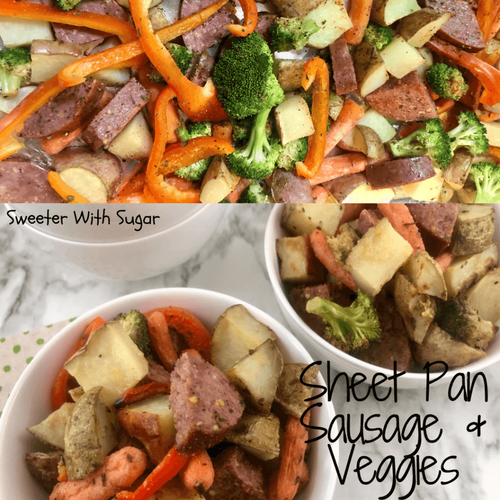 Sheet Pan Sausage and Veggies is an easy and flavorful weeknight dinner recipe. Using sheet pans for this recipe makes for an easy clean-up, too. #Sausage #Veggies #EasyWeeknightDInners #SheetPan