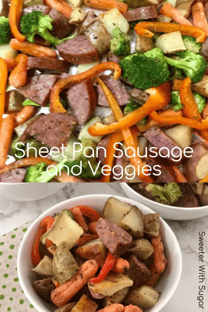 Sheet Pan Sausage and Veggies is an easy and flavorful weeknight dinner recipe. Using sheet pans for this recipe makes for an easy clean-up, too. #Sausage #Veggies #EasyWeeknightDInners #SheetPan