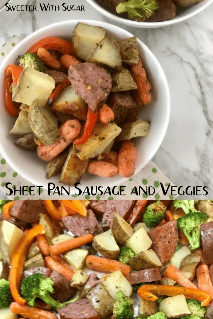 Sheet Pan Sausage and Veggies is an easy and flavorful weeknight dinner recipe. Using sheet pans for this recipe makes for an easy clean-up, too. #Sausage #Veggies #EasyWeeknightDInners #SheetPan