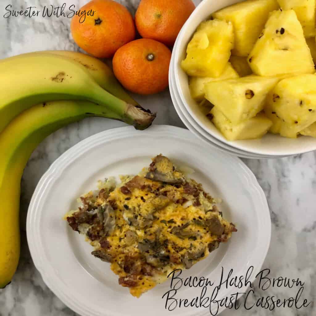 Bacon Hash Brown Breakfast Casserole is the best and easiest breakfast casserole This recipe is perfect for holiday breakfasts, also. #RecipesWithBacon #EggCasseroles #CasseroleRecipes #BreakfastRecipes #BreakfastForDinner #FamilyMeals