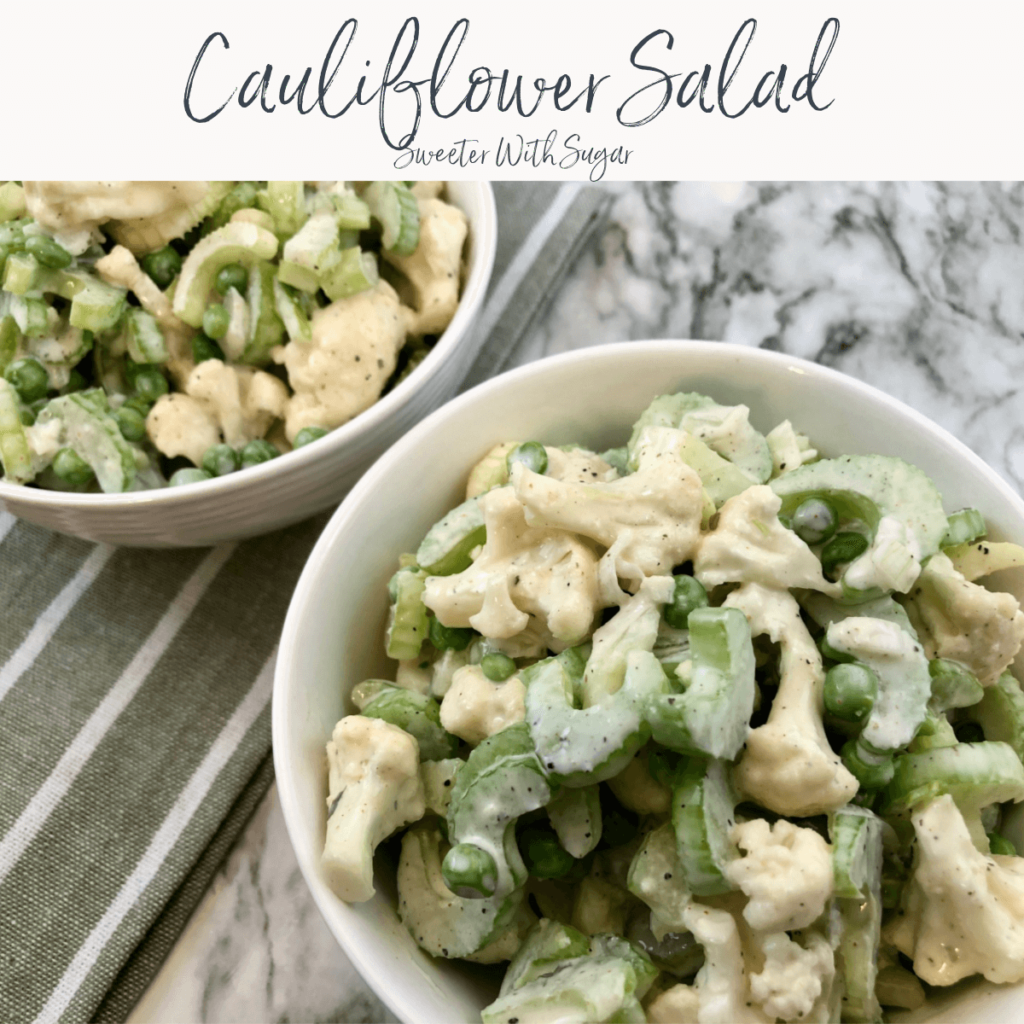 Cauliflower Salad is a crunchy and flavorful vegetable salad with a delicious dressing.  #Salads #VegetableSalads #RanchDressing #SideDishRecipes #CrunchySalad #SummerSalads #BarbecueSides
