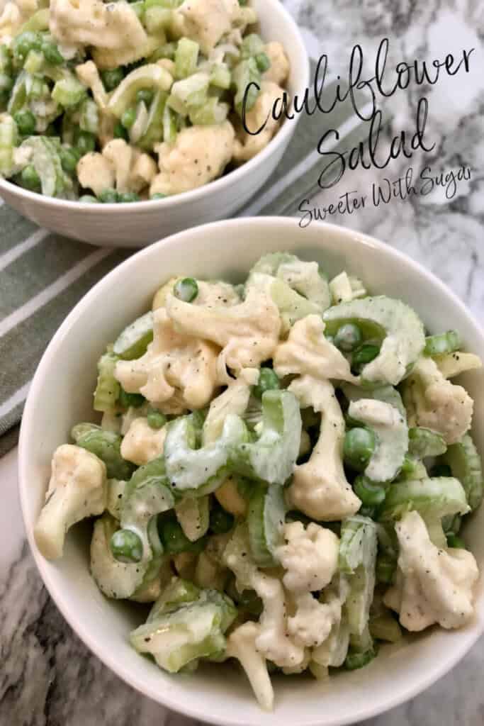 Cauliflower Salad is a crunchy and flavorful vegetable salad with a delicious dressing.  #Salads #VegetableSalads #RanchDressing #SideDishRecipes #CrunchySalad #SummerSalads #BarbecueSides