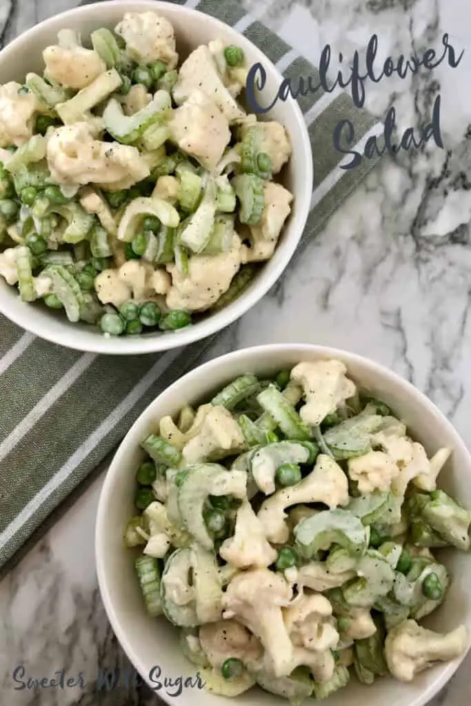 Cauliflower Salad is a crunchy and flavorful vegetable salad with a delicious dressing.  #Salads #VegetableSalads #RanchDressing #SideDishRecipes #CrunchySalad #SummerSalads #BarbecueSides