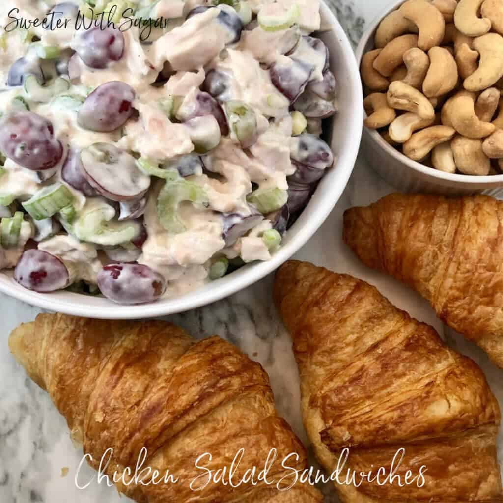 Chicken Salad Sandwiches-An easy sandwich recipe filled with the best ingredients. Chicken, Grapes, Celery, Cashews, Croissants, and Ranch Dressing, These Chicken Salad Sandwiches are perfect any night (or day) of the week. #ChickenSalad #Ranch #Brunch #MothersDay #Parties #SimpleRecipes   