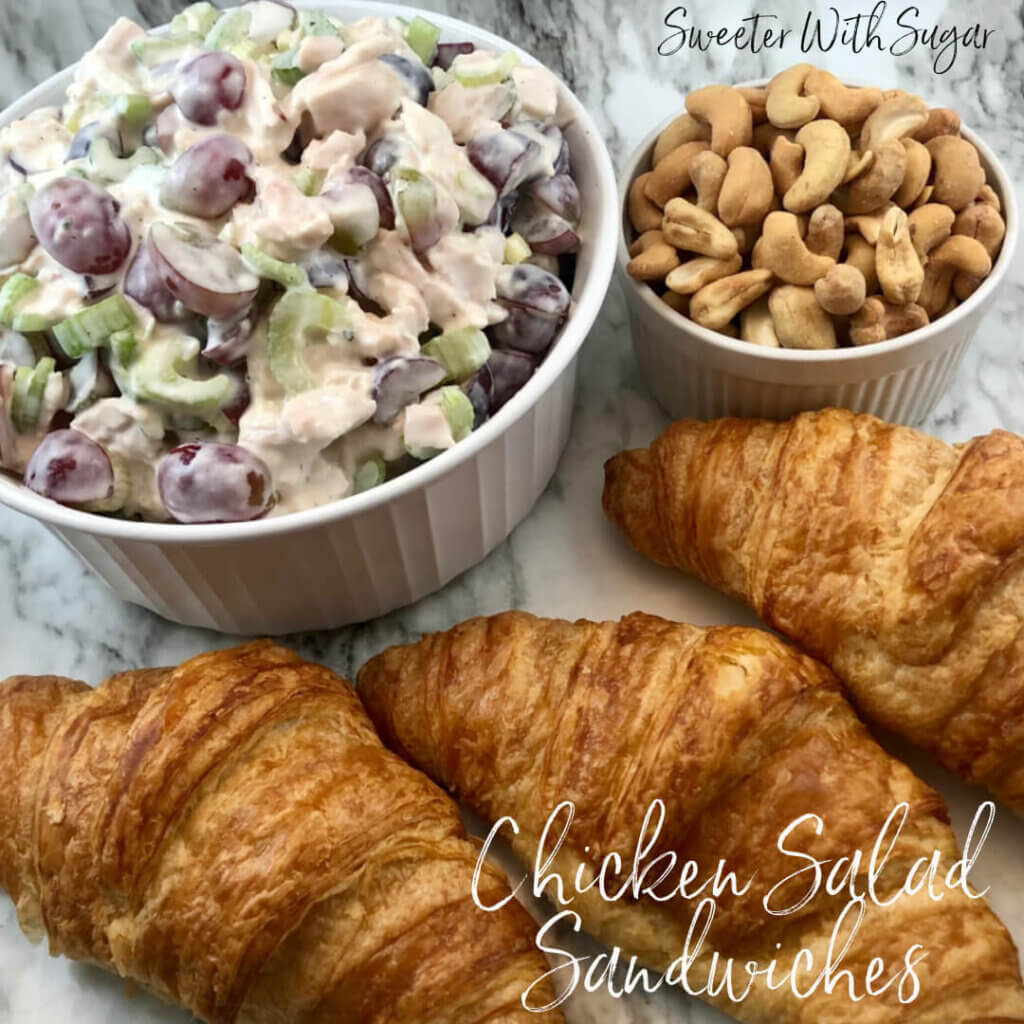 Chicken Salad Sandwiches-An easy sandwich recipe filled with the best ingredients. Chicken, Grapes, Celery, Cashews, Croissants, and Ranch Dressing, These Chicken Salad Sandwiches are perfect any night (or day) of the week. #ChickenSalad #Ranch #Brunch #MothersDay #Parties #SimpleRecipes   