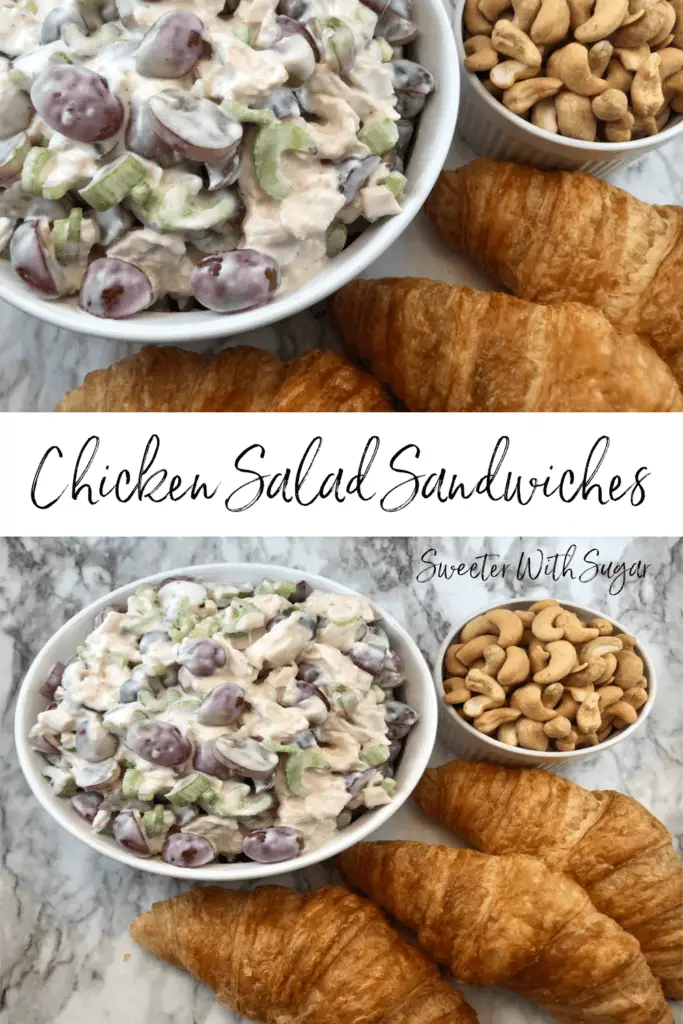 Chicken Salad Sandwiches-An easy sandwich recipe filled with the best ingredients. Chicken, Grapes, Celery, Cashews, Croissants, and Ranch Dressing, These Chicken Salad Sandwiches are perfect any night (or day) of the week. #ChickenSalad #Ranch #Brunch #MothersDay #Parties #SimpleRecipes   