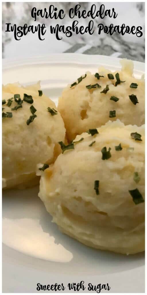 Garlic Cheddar Instant Mashed Potatoes are a super simple side dish. They can be made in just a little more time than it take to boil water. They are yummy and pair well with many main dishes.  #InstantMashedPotatoes #Sides #Garlic #CheddarCheese #MashedPotatoes #SimpleRecipes