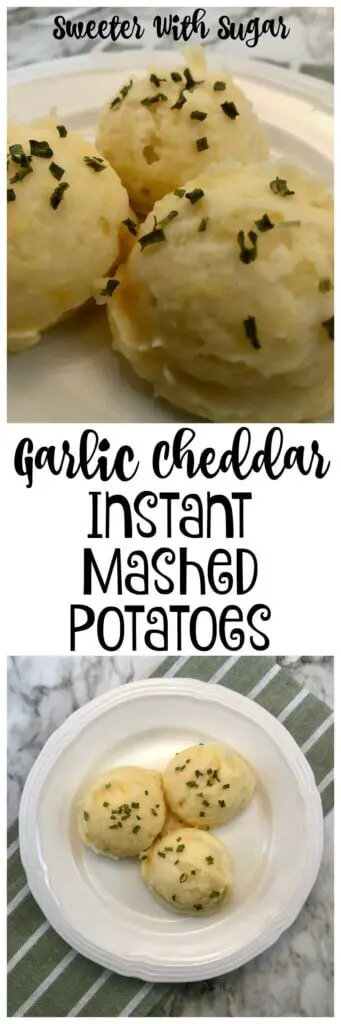 Garlic Cheddar Instant Mashed Potatoes are a super simple side dish. They can be made in just a little more time than it take to boil water. They are yummy and pair well with many main dishes.  #InstantMashedPotatoes #Sides #Garlic #CheddarCheese #MashedPotatoes #SimpleRecipes