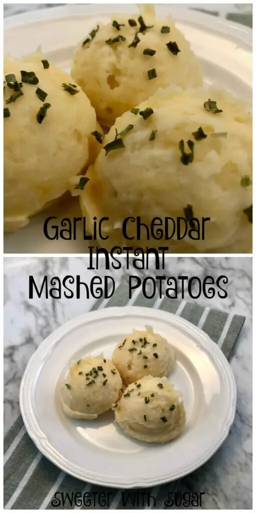 Garlic Cheddar Instant Mashed Potatoes are a super simple side dish. They can be made in just a little more time than it take to boil water. They are yummy and pair well with many main dishes.  #InstantMashedPotatoes #Sides #Garlic #CheddarCheese #MashedPotatoes #SimpleRecipes