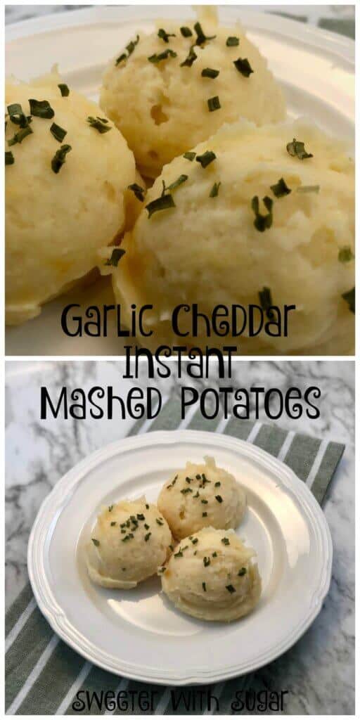 Garlic Cheddar Instant Mashed Potatoes are a super simple side dish. They can be made in just a little more time than it take to boil water. They are yummy and pair well with many main dishes.  #InstantMashedPotatoes #Sides #Garlic #CheddarCheese #MashedPotatoes #SimpleRecipes